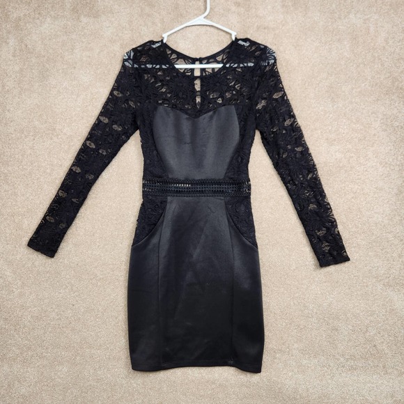 BCX Dress Dresses & Skirts - BCX Dress Black Lace Long Sleeve Crochet Inset Waist Scoop Neck Mini Dress Sz 3
